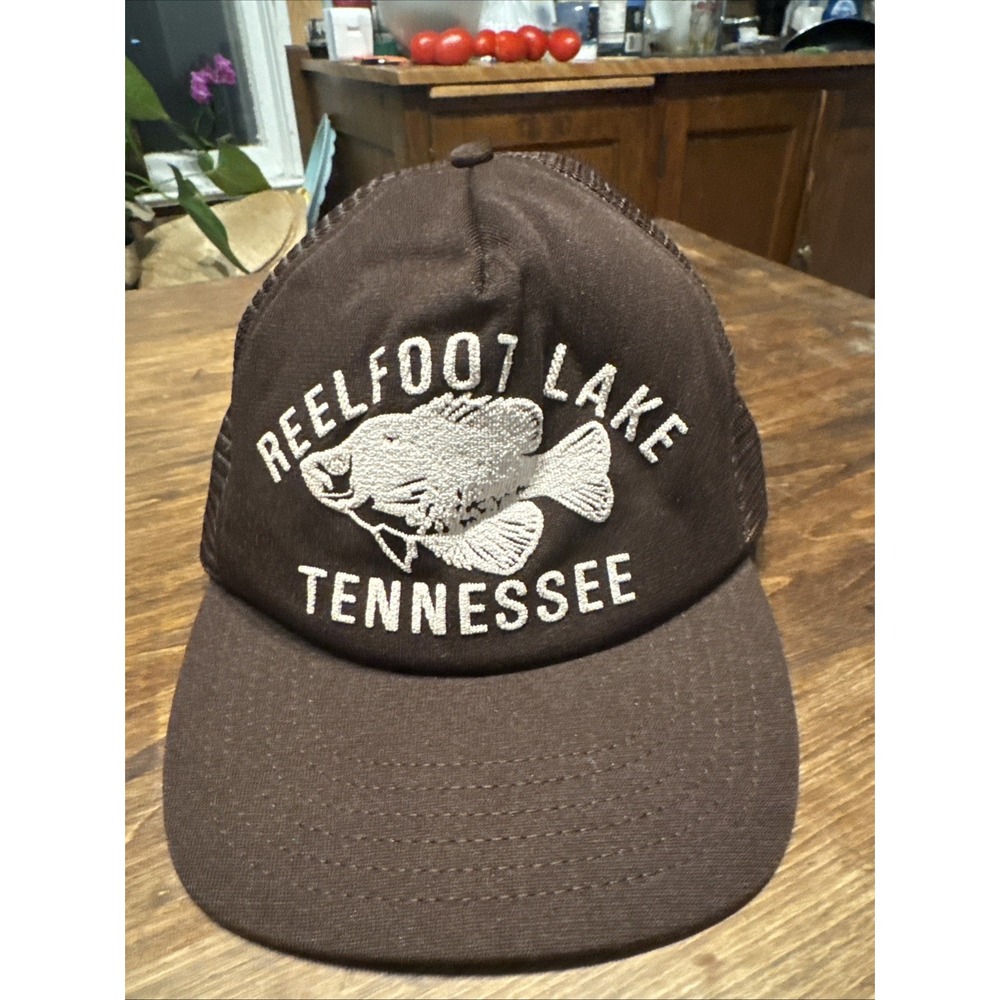 Hat Men OS Brown Vintage Trucker Cap Lake Reelfoot Tennessee Bass Fish